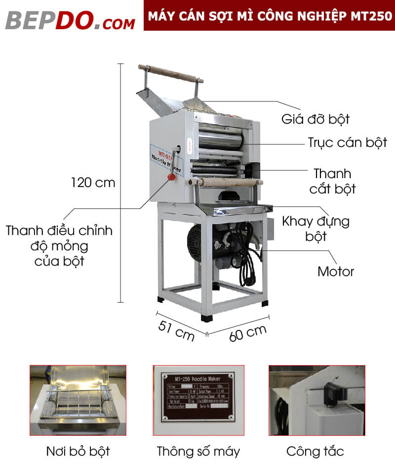 chi tiết cấu tạo máy cán bột cắt bột công nghiệp MT250