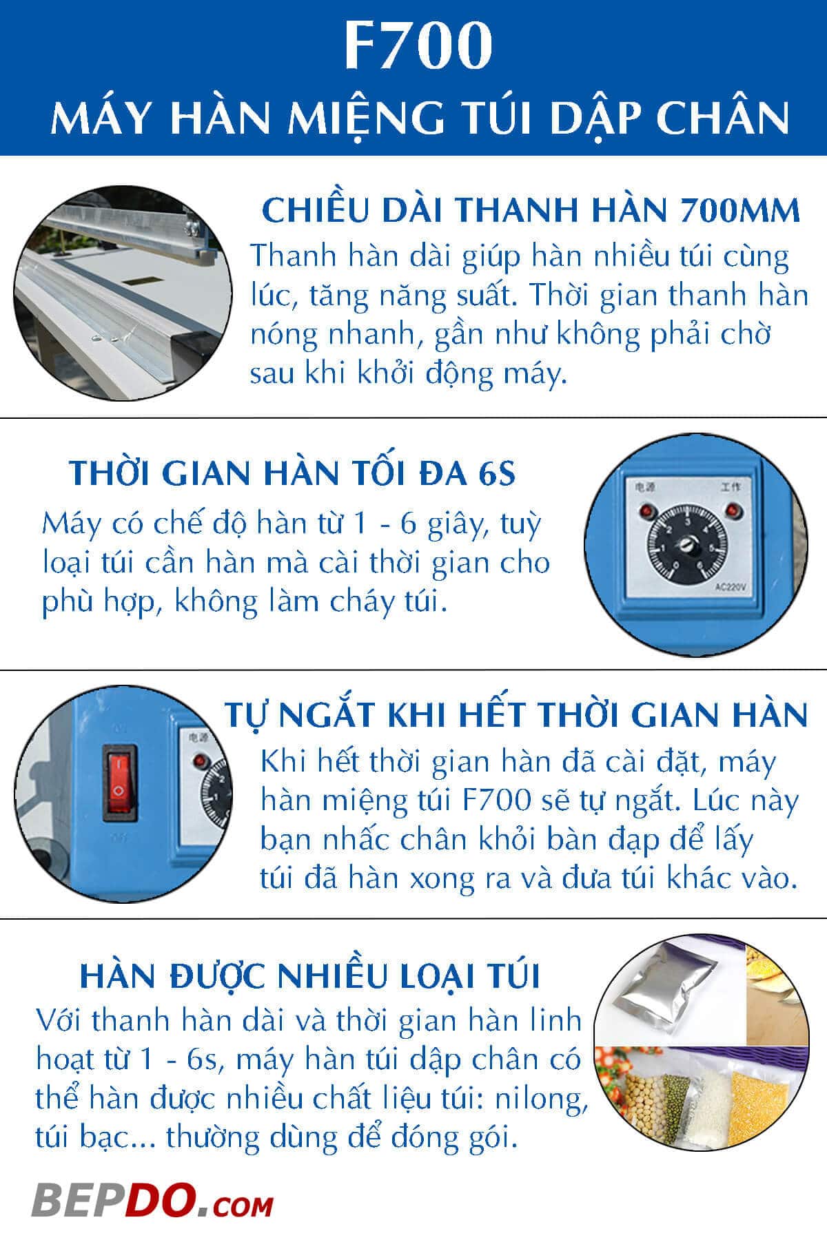 ưu điểm nổi bật của máy hàn miệng túi dập chân F700